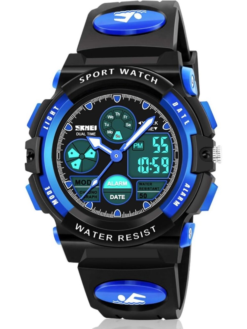 Kid's Black Blue Analog Quartz Multi Function Waterproof Round LED Digital Watch